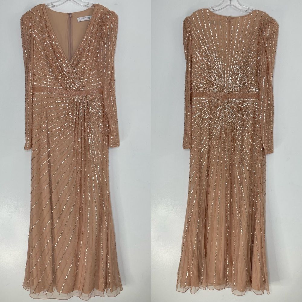Mac Duggal 5715 Sequin Wrap-Over Long-Sleeve Embellished Gown, Rose, Size 10 - Picture 2 of 11